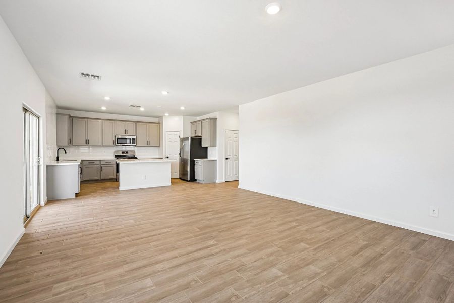 Great room, dining and kitchen