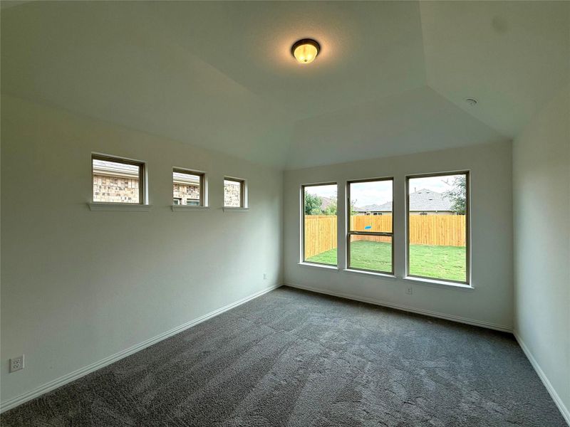 Carpeted empty room with baseboards and vaulted ceiling Carpeted empty room with baseboards and vaulted ceiling