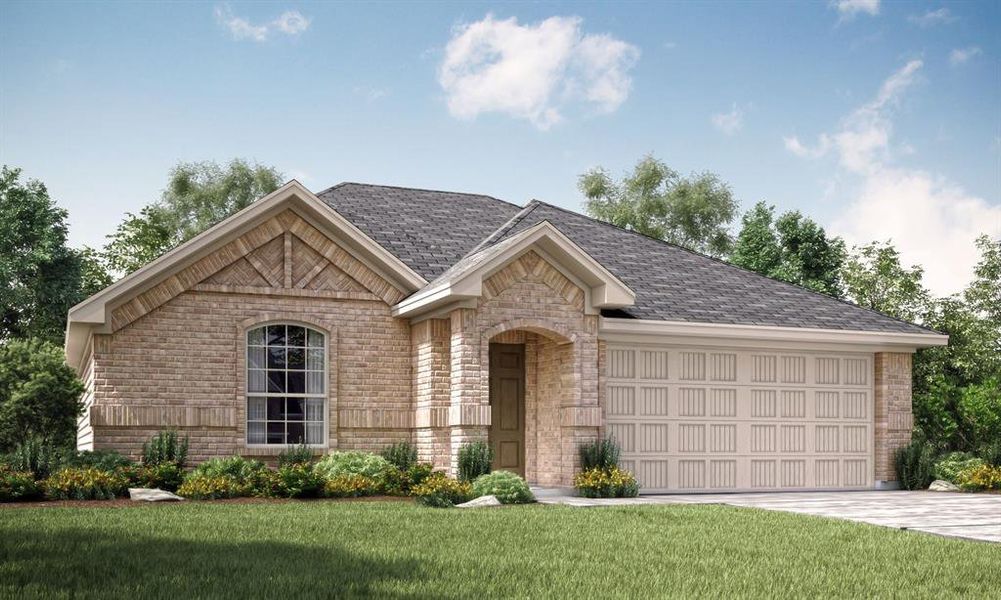 View of front of property with a front yard and a garage