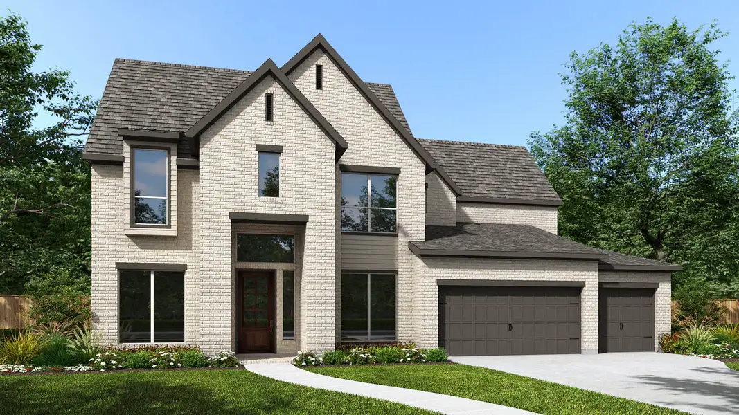 Front exterior of a new home in Palmera Ridge, Leander, TX, highlighting curb appeal (Image 1). Front exterior of a new home in Palmera Ridge, Leander, TX, highlighting curb appeal (Image 1).