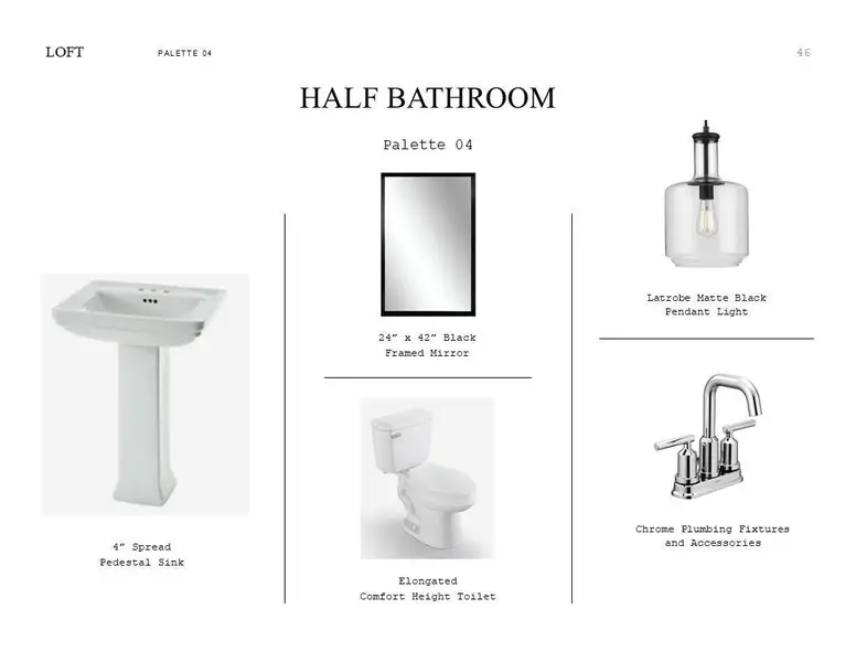 Loft Look Palette 6: Half Bath Selection Sheet (*Artist rendering used for illustration purposes only.) Loft Look Palette 6: Half Bath Selection Sheet (*Artist rendering used for illustration purposes only.)