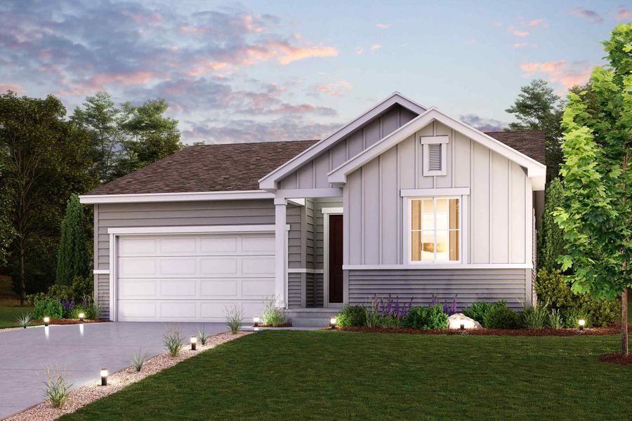 Front exterior of a new home in Red Barn Meadows, Mead, CO, highlighting curb appeal (Image 1). Front exterior of a new home in Red Barn Meadows, Mead, CO, highlighting curb appeal (Image 1).
