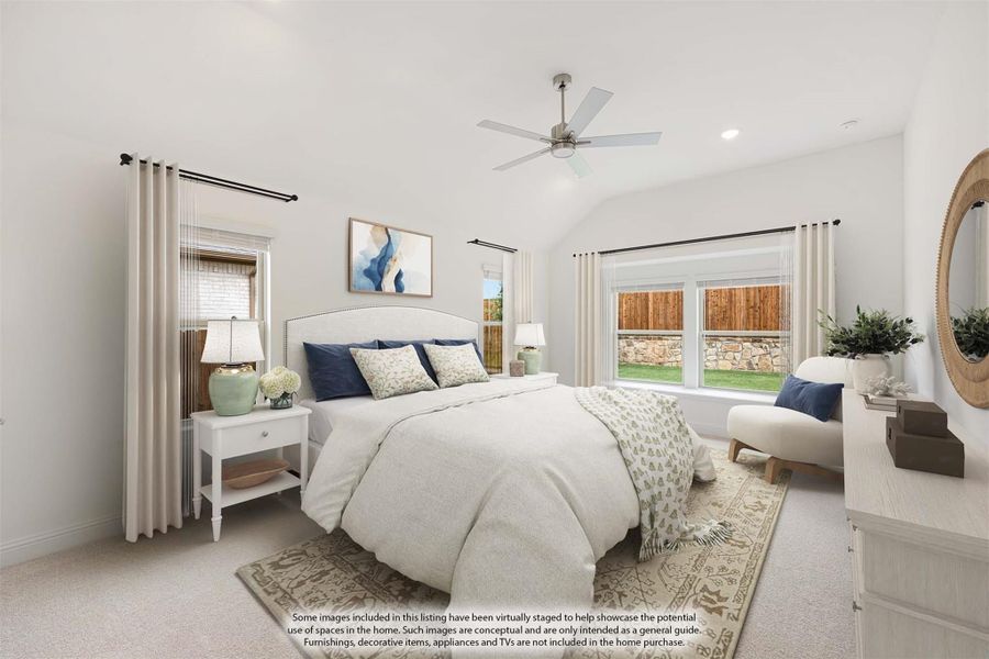 Bedroom with vaulted ceiling, ceiling fan, large windows, and carpeted floors with neutral decor Bedroom with vaulted ceiling, ceiling fan, large windows, and carpeted floors with neutral decor
