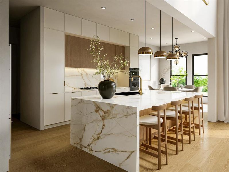 Kitchen featuring modern cabinets, decorative light fixtures, white cabinetry, light wood finished floors, and light stone countertops Kitchen featuring modern cabinets, decorative light fixtures, white cabinetry, light wood finished floors, and light stone countertops