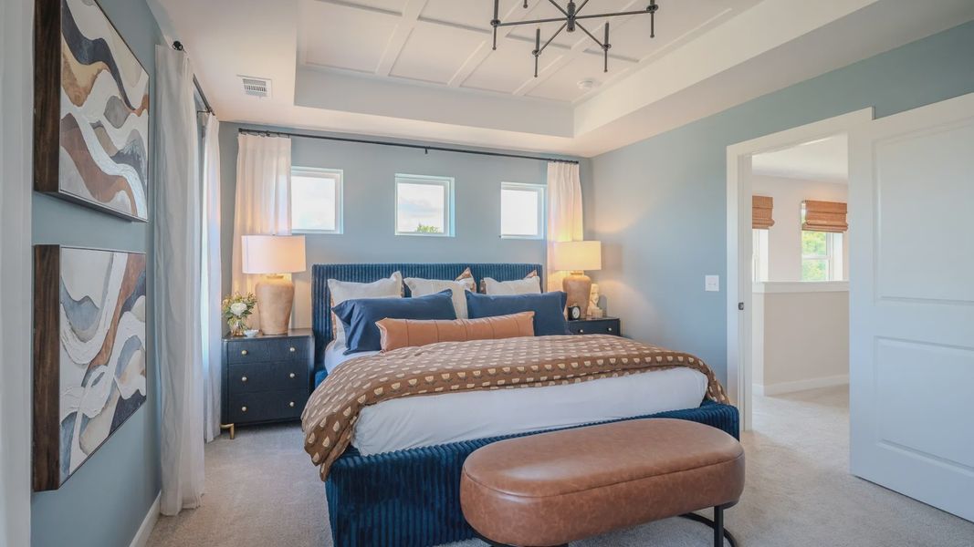 Primary suite with tray and accent ceiling, carpet, and windows
