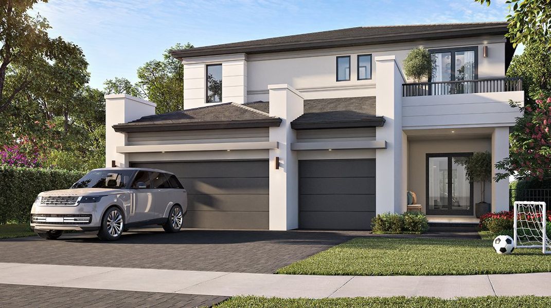 Front exterior of a new home in Greenview at Presidential: Estate Collection, Miami, FL, highlighting curb appeal (Image 1).