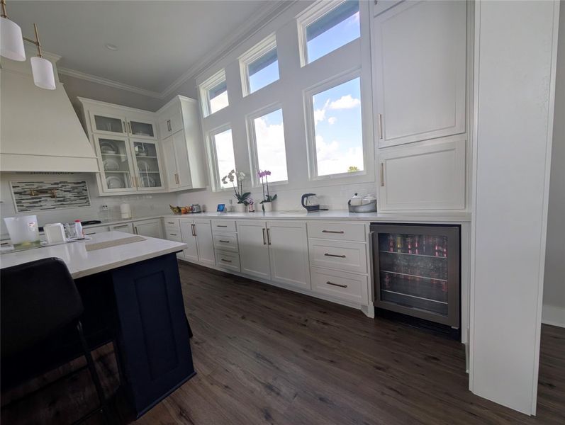 this designer kitchen has an abundance of counter tops and custom cabnitery.  they're clean...bright... a kitchen any cook would absolutely love!