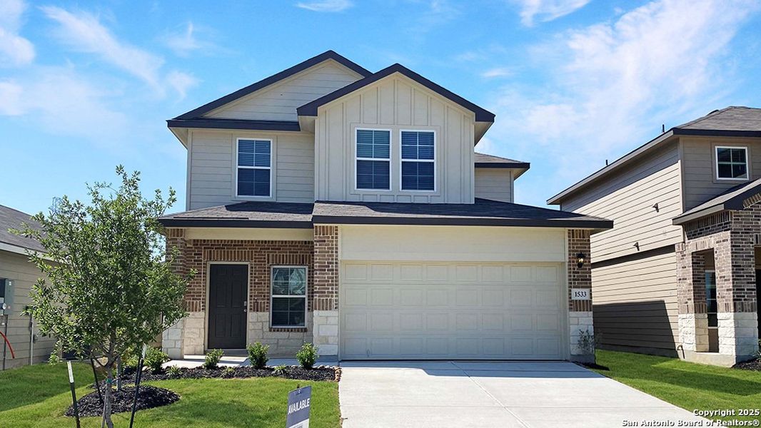 Front exterior of a new home in Winding Creek, New Braunfels, TX, highlighting curb appeal (Image 1). Front exterior of a new home in Winding Creek, New Braunfels, TX, highlighting curb appeal (Image 1).