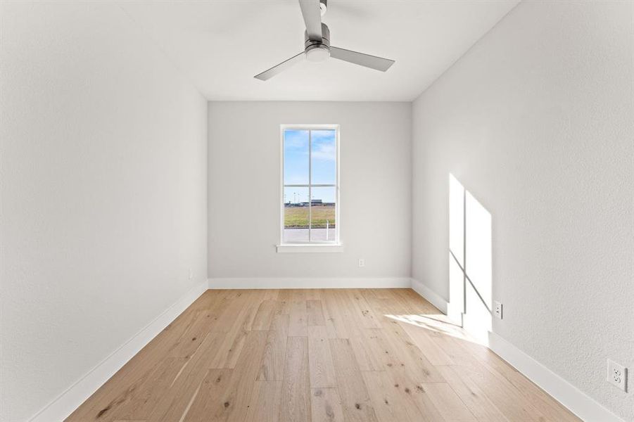 Empty room with ceiling fan and light hardwood / wood-style flooring