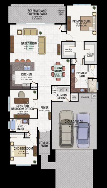 2D floor plan layout for the Sandpiper by GL Homes in Valencia Parc at Riverland, Port St. Lucie, FL (Image 5). 2D floor plan layout for the Sandpiper by GL Homes in Valencia Parc at Riverland, Port St. Lucie, FL (Image 5).