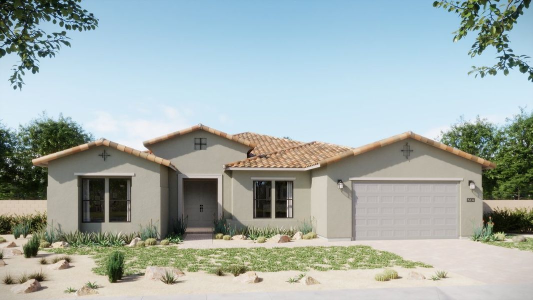 Front exterior of a new home in Estates at Kings Ranch, Gold Canyon, AZ, highlighting curb appeal (Image 2). Front exterior of a new home in Estates at Kings Ranch, Gold Canyon, AZ, highlighting curb appeal (Image 2).