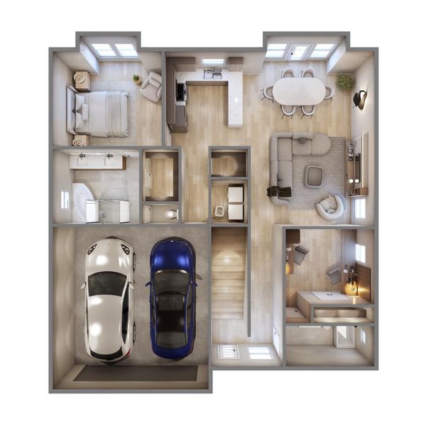 Downstairs features an oversized 2 car garage, entry from garage into kitchen through the utility room which then opens into the main living area to your right and primary suite to the left.