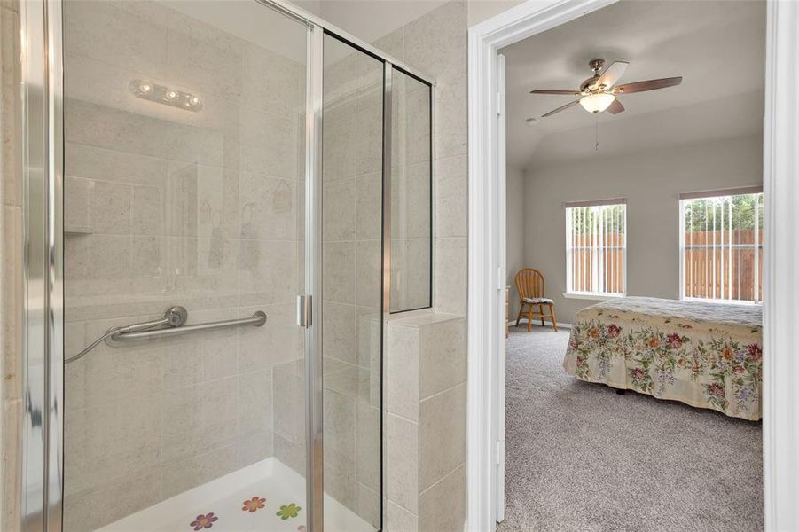 Primary shower has handicap rails in shower and water closet