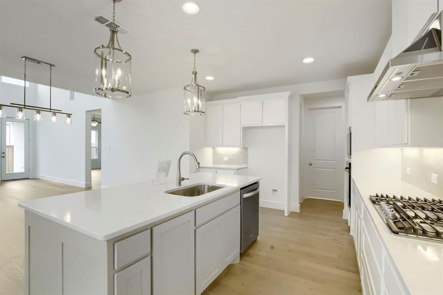 Bright kitchen featuring a central island with an undermount sink, white cabinetry, integrated stainless steel appliances, and wood-finish flooring
