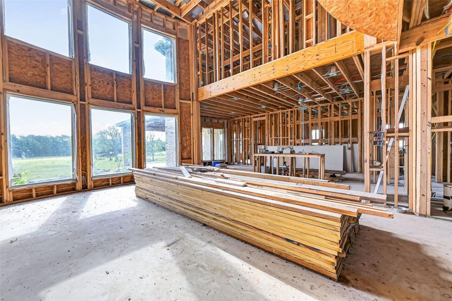 Open unfinished space showcasing framing and build progress.