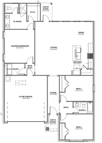 2D floor plan layout of this home in Courts of Bonnie Brae, Denton, TX (Image 3).