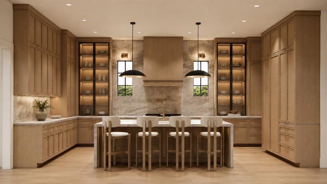 Rendering: Chef's kitchen with natural stone, custom cabinetry, and high end appliance package.
