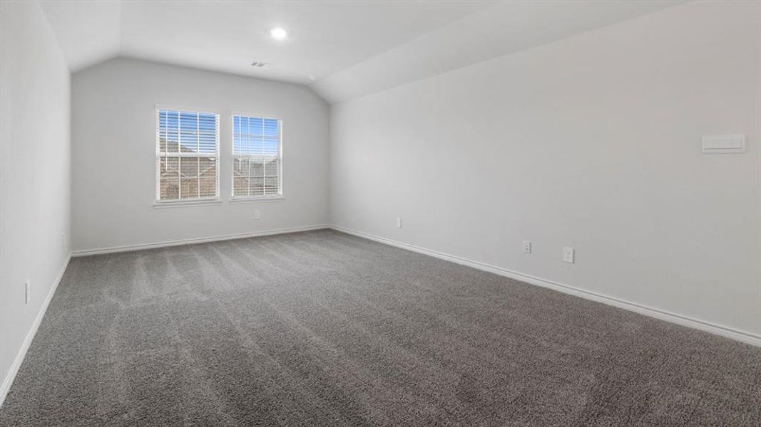 Spacious room featuring vaulted ceilings, soft gray carpeting, and two large windows with horizontal blinds