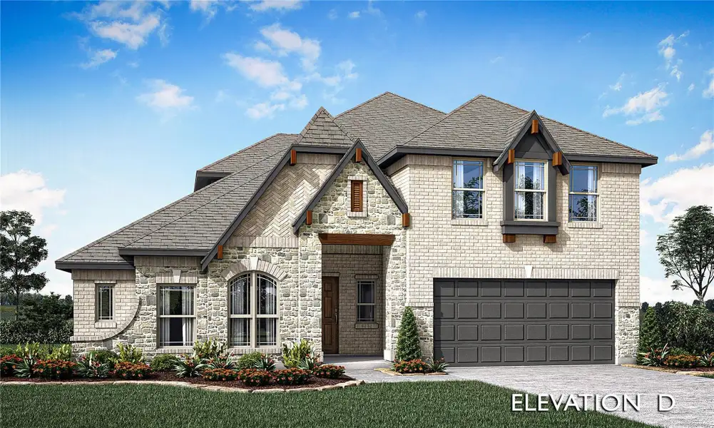Two-story home with brick and stone exterior, two-car garage, and arched entry window, Elevation D Two-story home with brick and stone exterior, two-car garage, and arched entry window, Elevation D