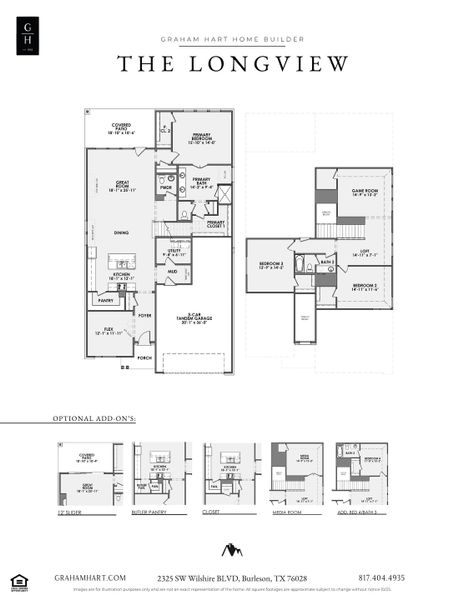 2D floor plan layout for the Longview by Graham Hart Home Builder in Bear Ridge, Burleson, TX (Image 3).