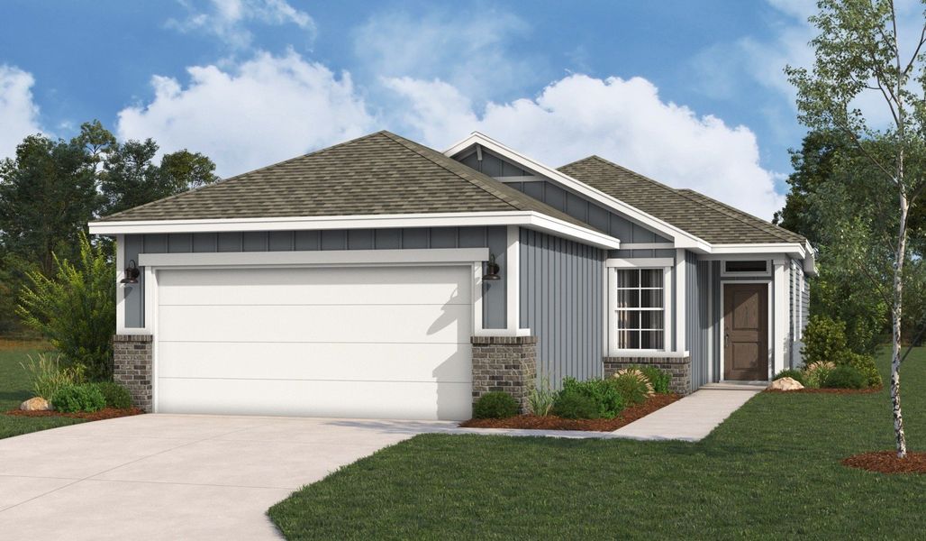 Representative exterior photo of a completed home built from the Sabrine by Hakes Brothers in Highland Ridge, New Braunfels, TX (Image 1). Representative exterior photo of a completed home built from the Sabrine by Hakes Brothers in Highland Ridge, New Braunfels, TX (Image 1).