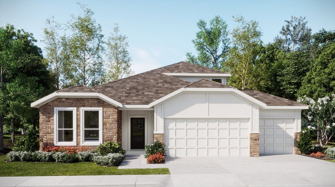 Front exterior of a new home in Groves at Grenelefe, Haines City, FL, highlighting curb appeal (Image 1). Front exterior of a new home in Groves at Grenelefe, Haines City, FL, highlighting curb appeal (Image 1).