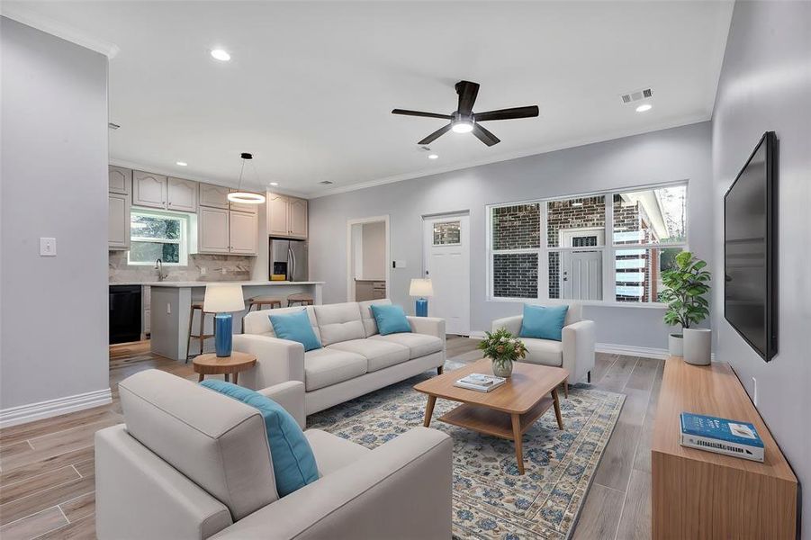 Great open floor plan with high ceilings. Alternative furnishings shown here.