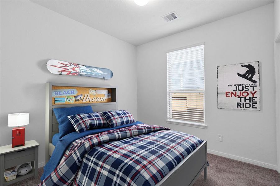 Secondary bedroom features plush carpet, and a large window with privacy blinds.