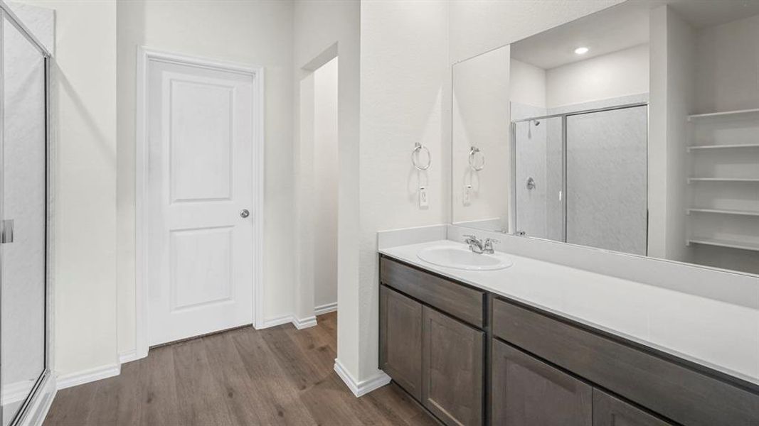 Bathroom featuring a wood-finish floor, a long vanity with an integrated sink, a large mirror, a glass-enclosed shower, and built-in shelving