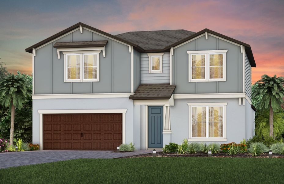 Front exterior of a new home in Vida's Way, Wesley Chapel, FL, highlighting curb appeal (Image 1). Front exterior of a new home in Vida's Way, Wesley Chapel, FL, highlighting curb appeal (Image 1).