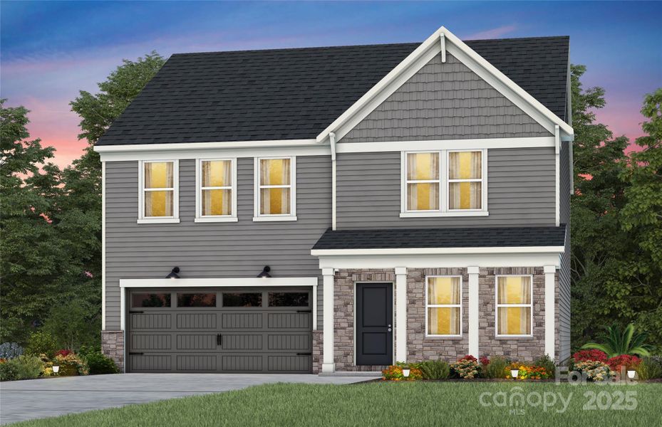 Front exterior of a new home in Riverstone, Monroe, NC, highlighting curb appeal (Image 1).