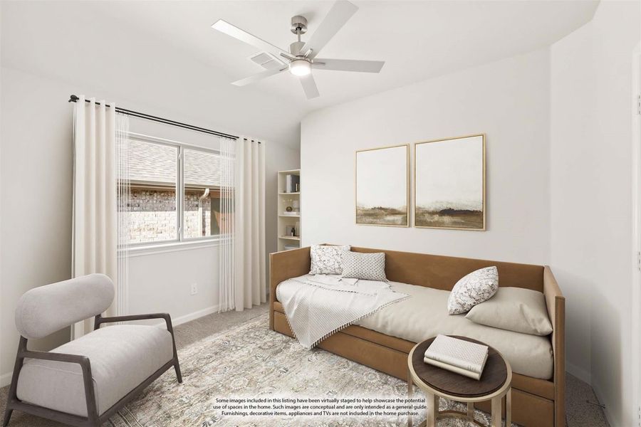 Bedroom with daybed, ceiling fan, built-in shelves, and accent chair on patterned area rug