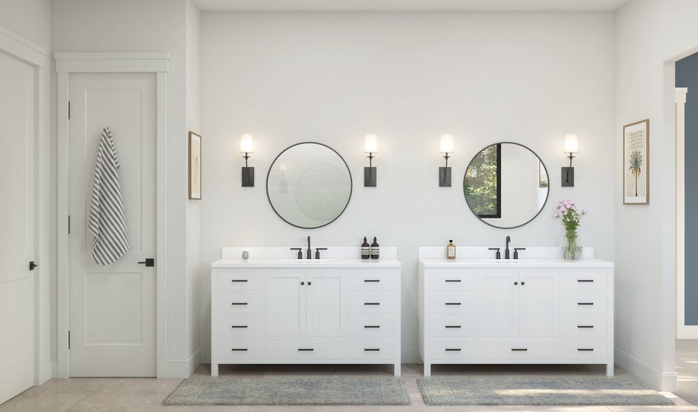 Primary bath with freestanding dual vanities Primary bath with freestanding dual vanities