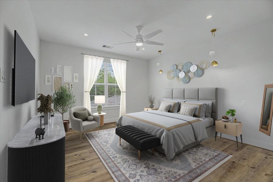 Virtually staged primary bedroom showcasing the potential for furniture placement and interior design.