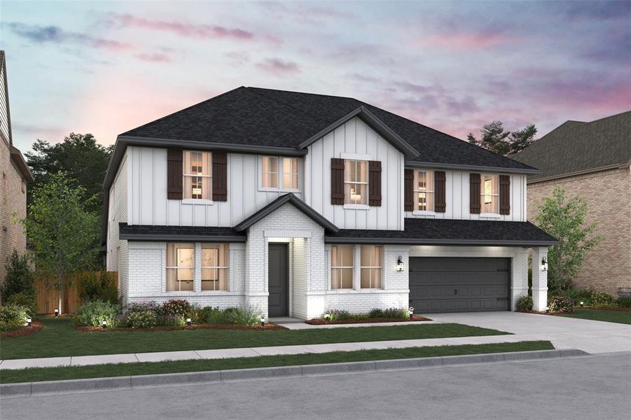 Front exterior of a new home in Timberbrook, Justin, TX, highlighting curb appeal (Image 1).