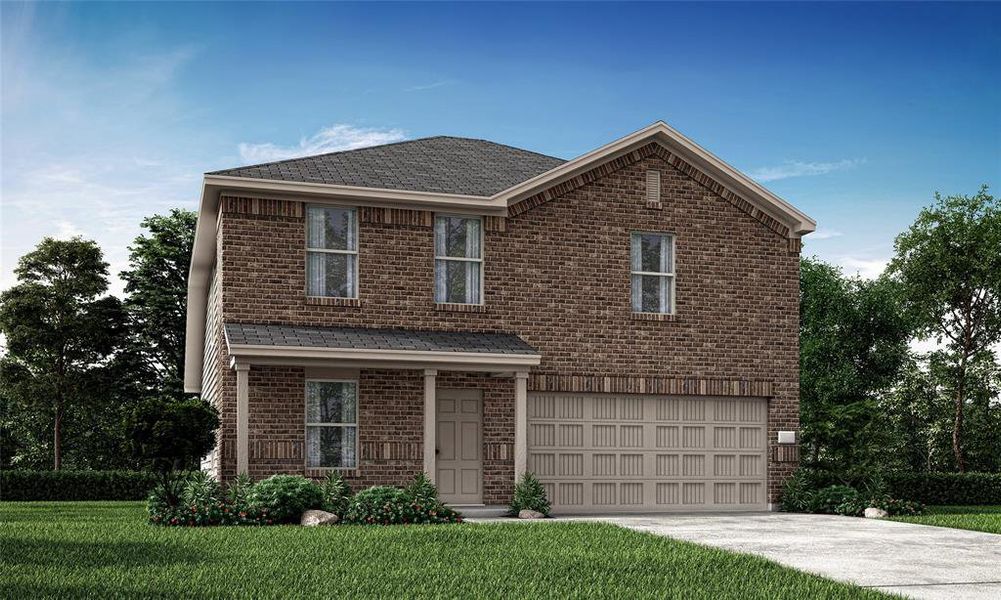 View of front property with a front yard and a garage