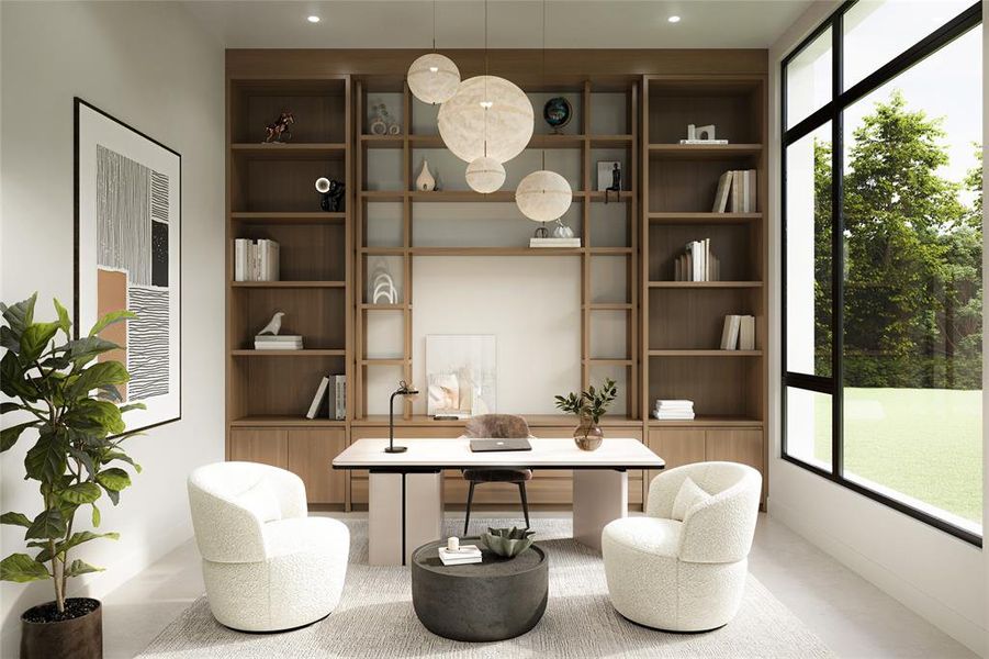 Office with built in features and recessed lighting