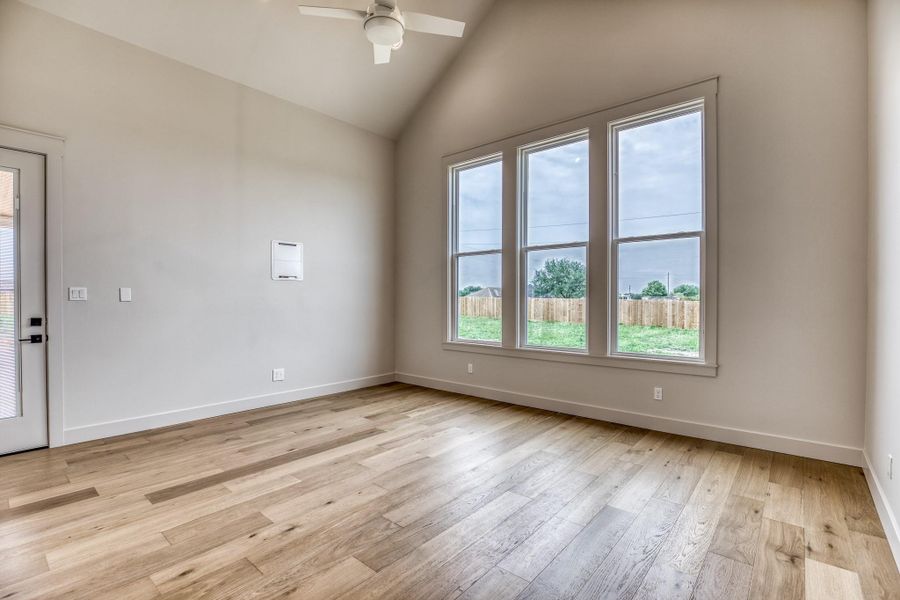 Primary bedroom with valuted ceiling.