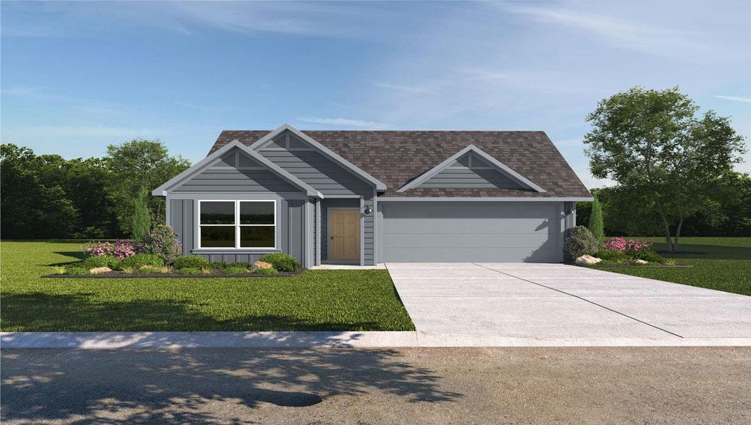 A neatly maintained lawn and landscaping frame this charming single-story residence with an attached garage. A neatly maintained lawn and landscaping frame this charming single-story residence with an attached garage.