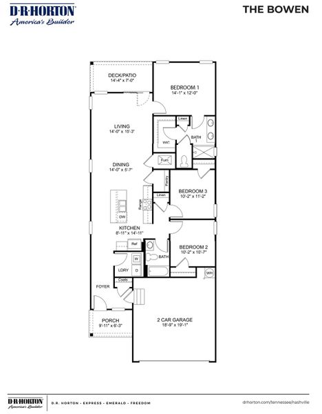 2D floor plan layout for the BOWEN by D.R. Horton in Nexus South, Gallatin, TN (Image 3).