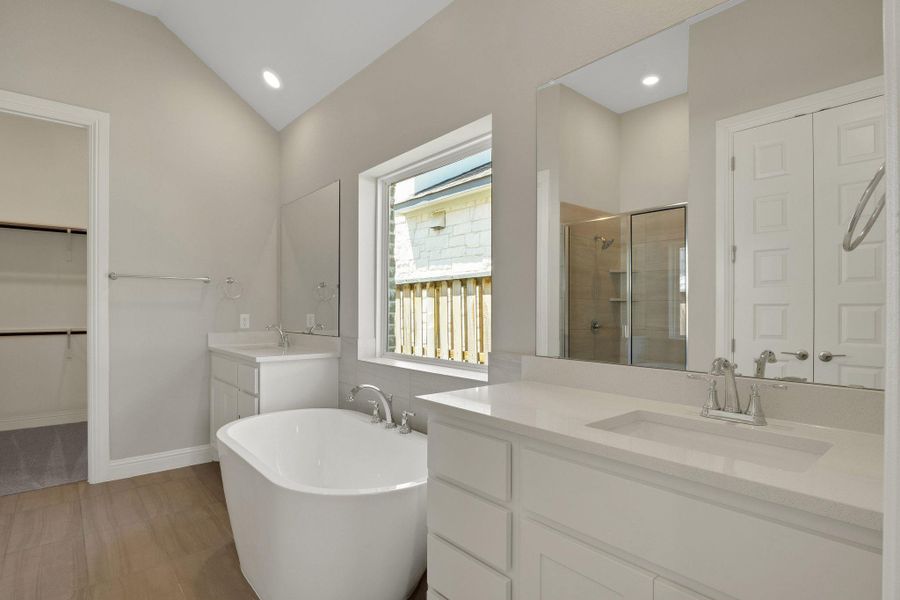 Bathroom with a freestanding tub, vanity, a spacious closet, lofted ceiling, and a stall shower