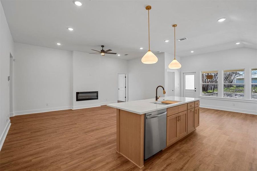 Kitchen featuring a sink, stainless steel dishwasher, open floor plan, a glass covered fireplace, and light wood finished floors