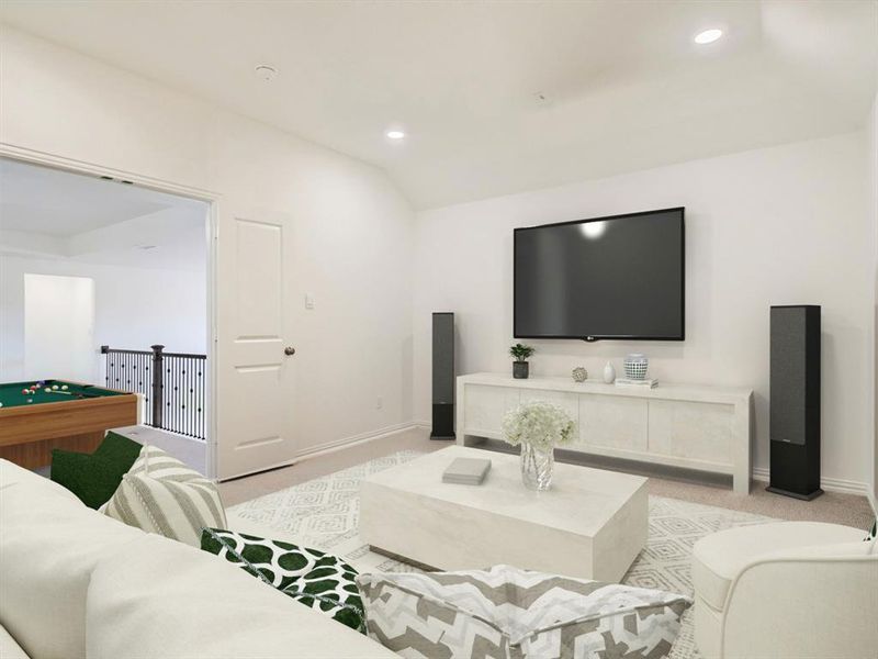 Virtually staged photo - Living room with lofted ceiling, light colored carpet, and billiards