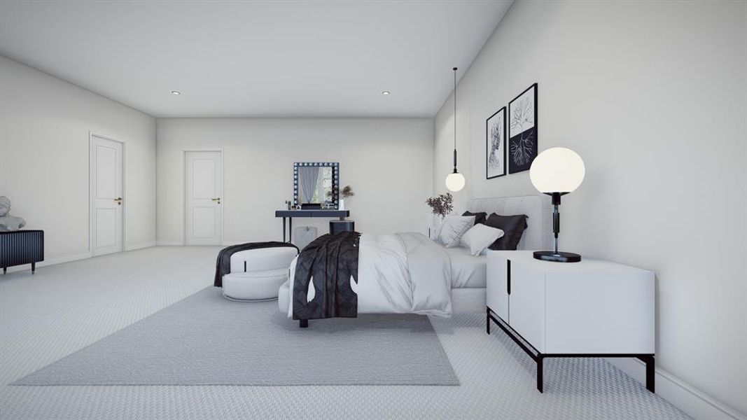 Carpeted bedroom with baseboards and recessed lighting