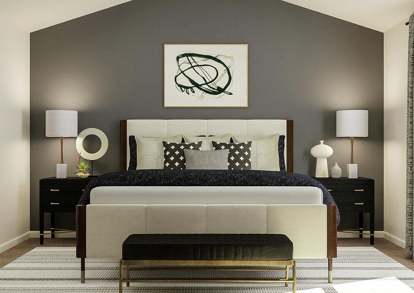 Rendering of the master suite focused on
  the large bed positioned between two nightstands. Black-and-white artwork
  hangs above the bed.