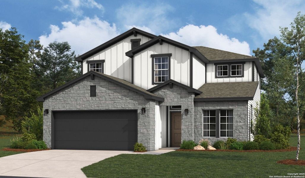 Front exterior of a new home in Veranda Signature, San Antonio, TX, highlighting curb appeal (Image 1).