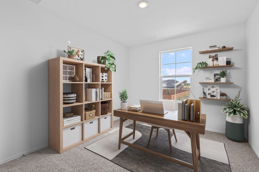 Office space featuring light carpet and baseboards Office space featuring light carpet and baseboards