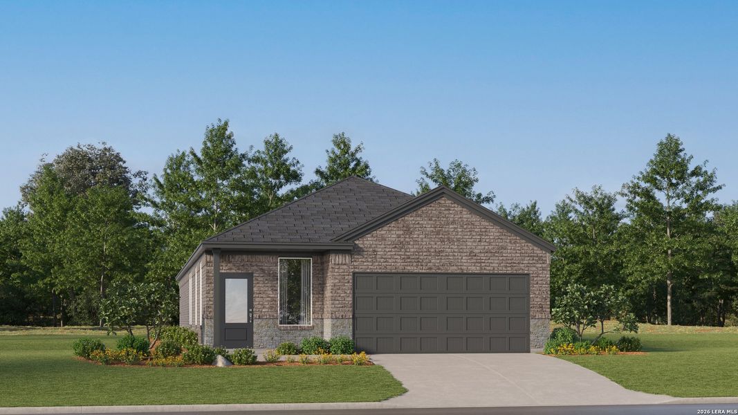 Front exterior of a new home in Stone Garden, Elmendorf, TX, highlighting curb appeal (Image 25). Front exterior of a new home in Stone Garden, Elmendorf, TX, highlighting curb appeal (Image 25).