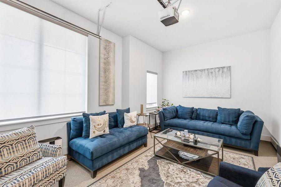 Single-bay garage set up as hangout or hobby space Single-bay garage set up as hangout or hobby space