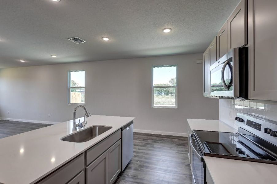 A kitchen with black cabinets. A kitchen with black cabinets.